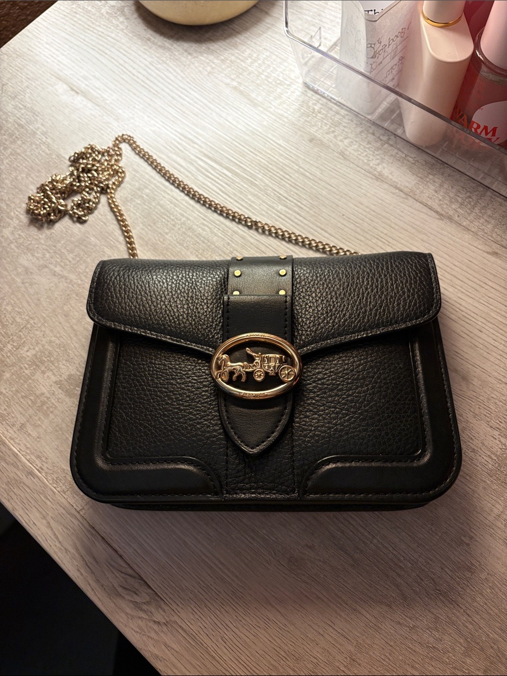 Coach Black Pebbled Leather Crossbody with Gold Horse Carriage Emblem